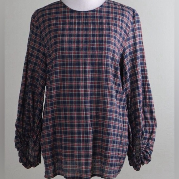 J.McLaughlin Tartan Plaid Seersucker Size Med Cotton Blouse Blouson Sleeve Women - Picture 3 of 11